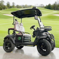 Voiturette de golf électrique tout-terrain – vue de profil avec sièges et toit rigide