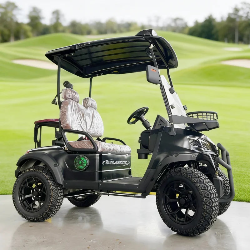 Voiturette de golf électrique tout-terrain – vue de profil avec sièges et toit rigide