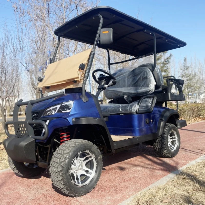 Voiturette de golf électrique tout-terrain – vue de trois quarts avant avec pare-chocs tubulaire