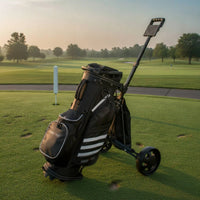 Chariot de golf manuel compact – sac de golf noir sur le chariot, sur le parcours