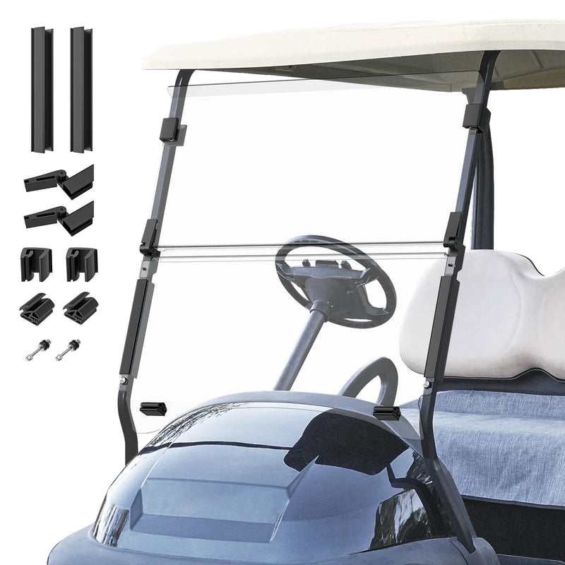 Pare-brise voiturette de golf – version transparente avec ses pièces de fixation