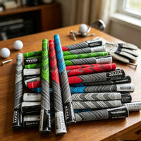 Grips de golf multi-composants – grips colorés posés sur une table avec des balles et un gant