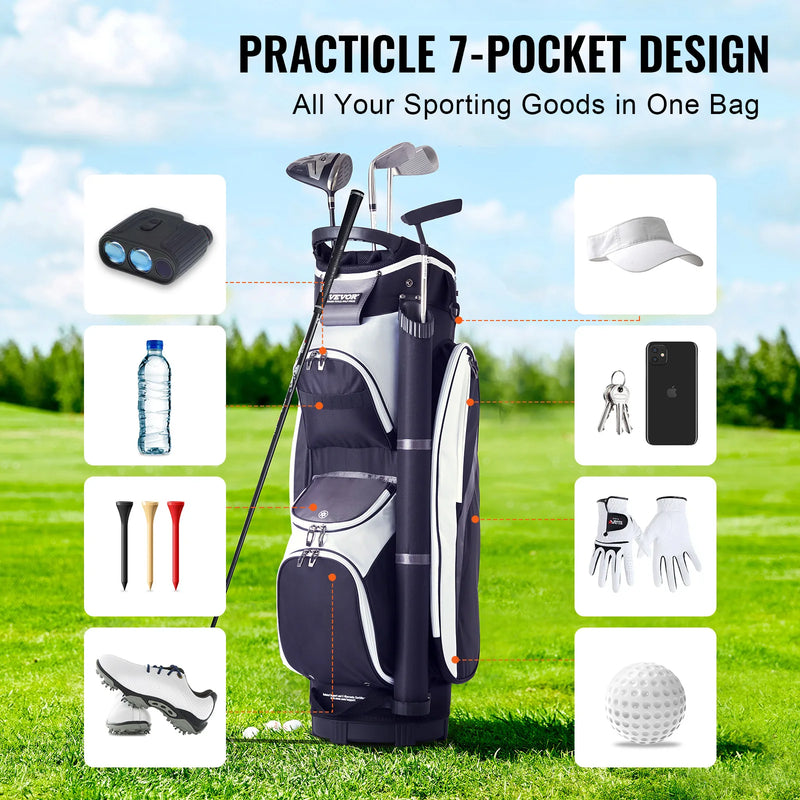 Sac de golf chariot – 7 poches pour télémètre, bouteille, tees, chaussures, casquette et gants