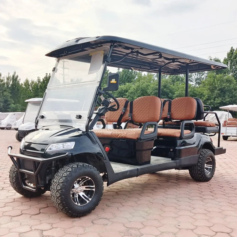 Voiturette de golf électrique pour hôtel et parc – version 6 places noire vue de trois quarts avant