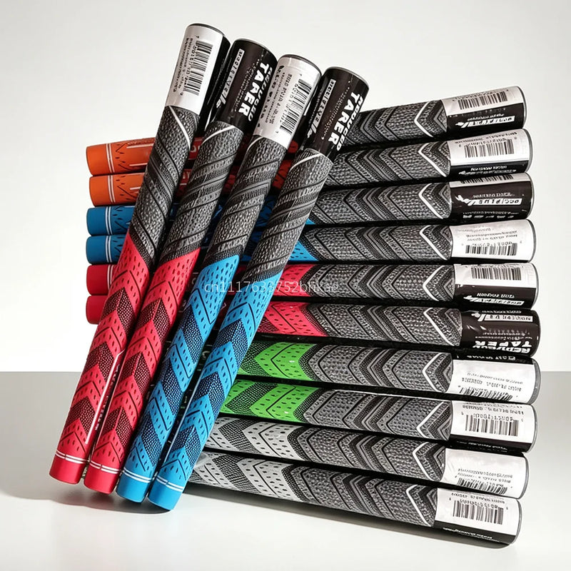 Grips de golf multi-composants – piles de grips rouges, bleus, verts et gris emballés