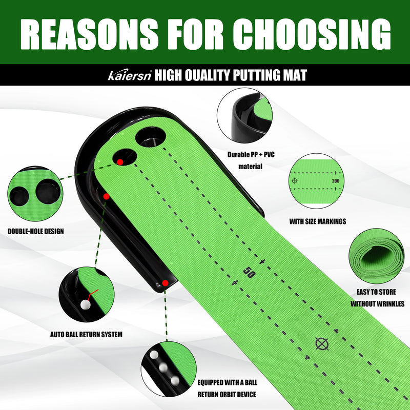 Tapis de putting avec retour de balle – double trou, lignes d'alignement et matière PP et PVC