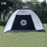 Filet de golf tente noire – vue de face de la tente de 2 m dans un jardin