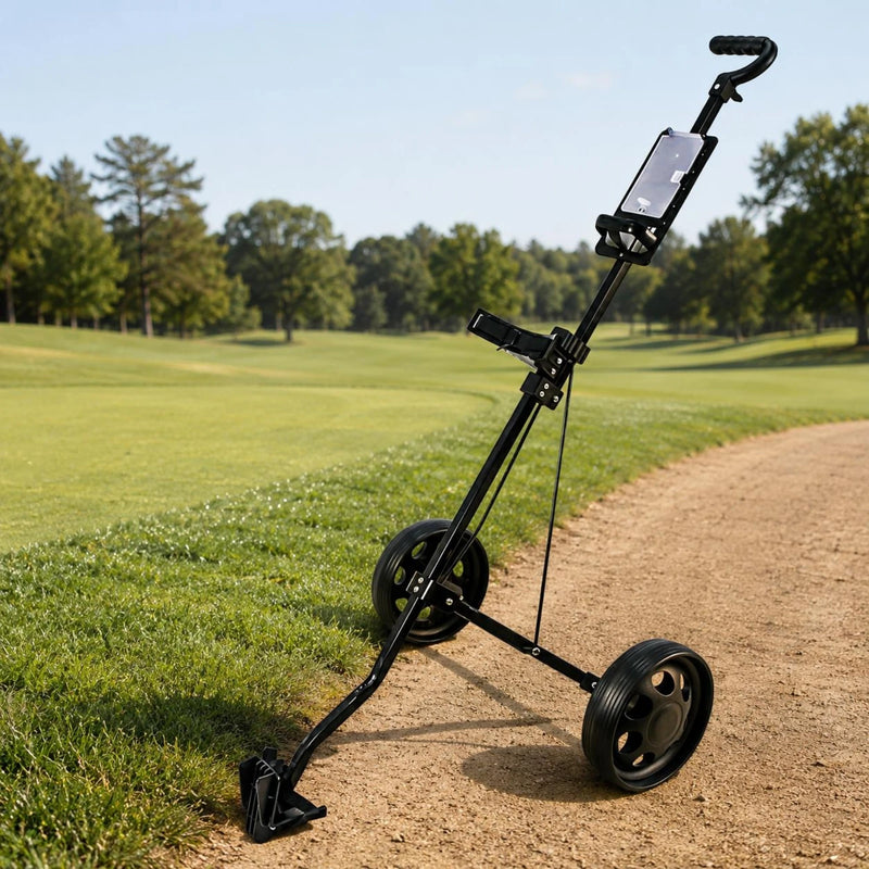 Chariot de golf pliable 2 roues – vue de côté sur un chemin du parcours