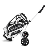 Chariot de golf 2 roues aluminium – chariot chargé d'un sac de golf sur fond blanc