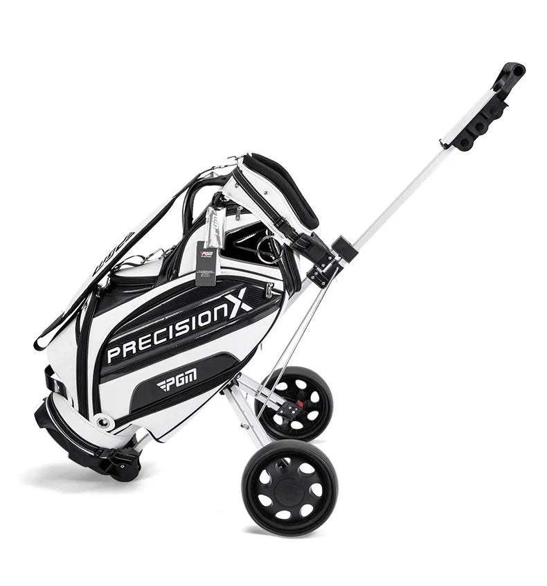 Chariot de golf 2 roues aluminium – chariot chargé d'un sac de golf sur fond blanc
