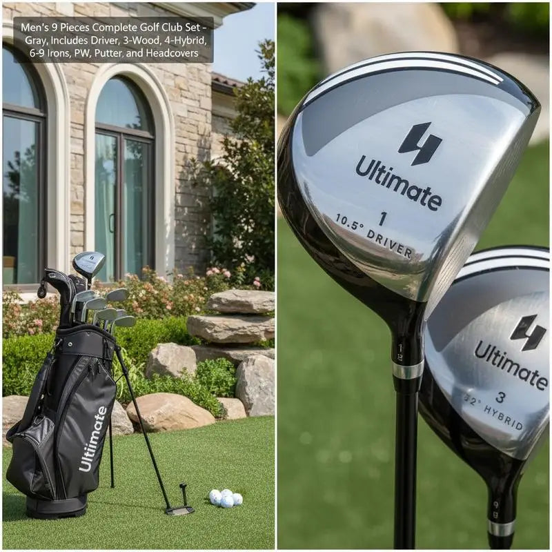 Set de golf complet droitier – sac gris devant une maison et détail de la tête du driver