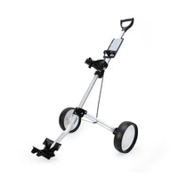 Chariot de golf pliable 2 roues – chariot déployé vu de trois quarts avec son panneau de poignée
