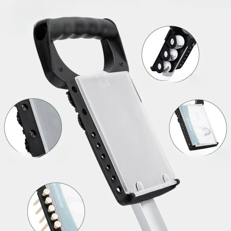 Chariot de golf 2 roues aluminium – détails de la poignée, du porte-balles, des tees et du support de carte