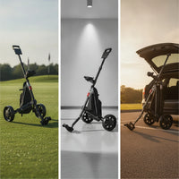 Chariot de golf manuel compact – trois vues : parcours, intérieur et coffre