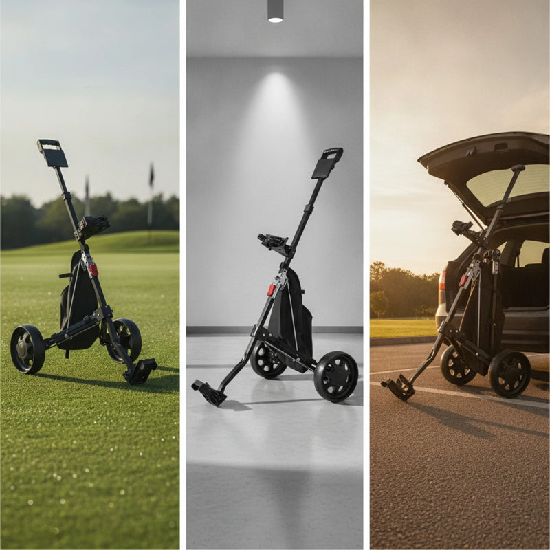 Chariot de golf manuel compact – trois vues : parcours, intérieur et coffre