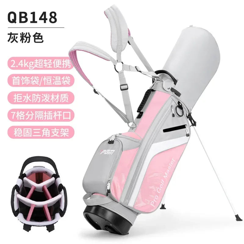 Sac de golf trépied femme – version gris et rose avec bretelles et pieds déployés