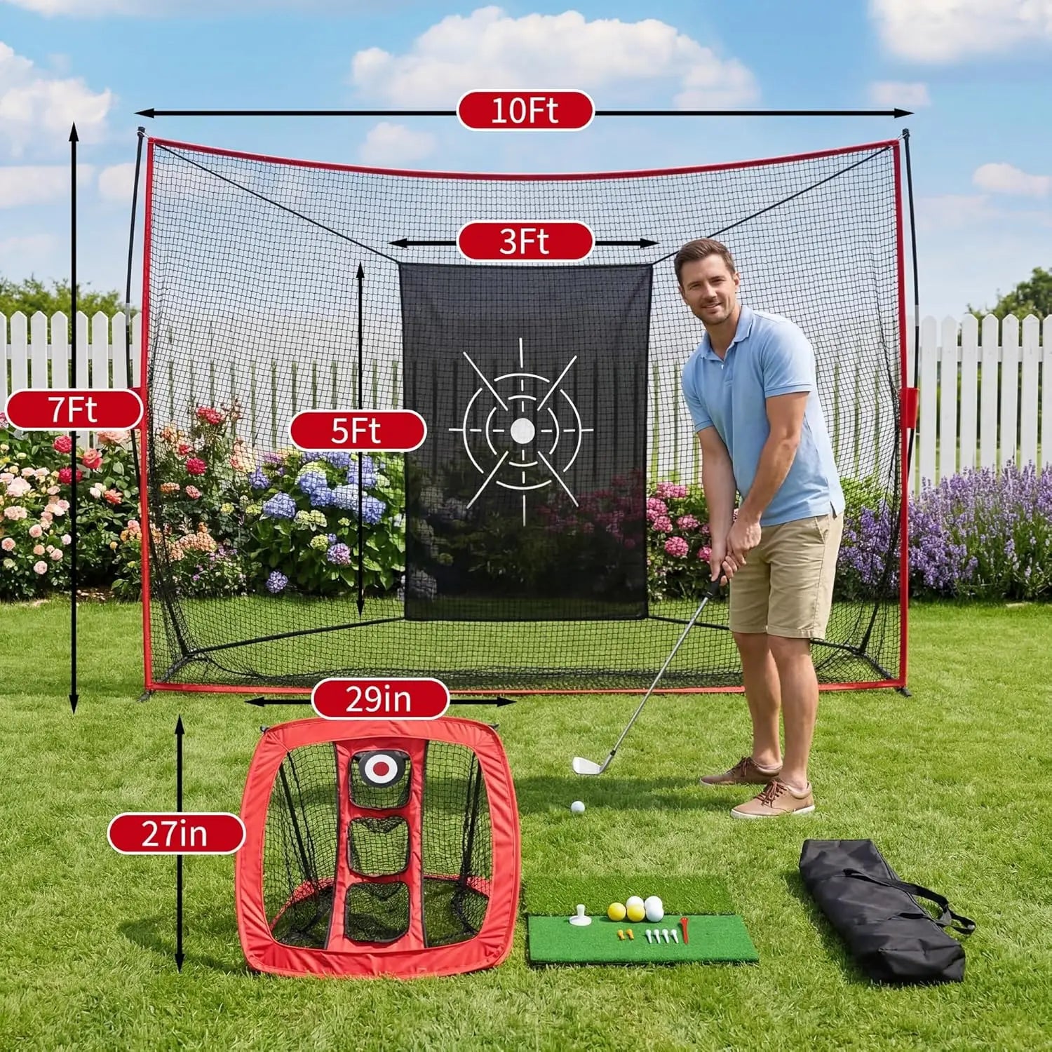 Filet de golf rouge 10 × 7 pieds avec filet de chipping et tapis de frappe