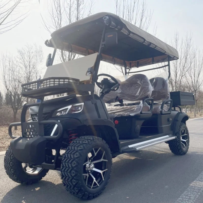 Voiturette de golf électrique – vue avant avec panier et sièges arrière