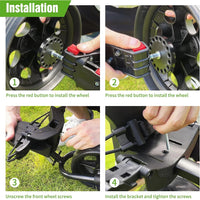Chariot de golf manuel pliable 3 roues noir – quatre étapes de montage des roues et du support avant