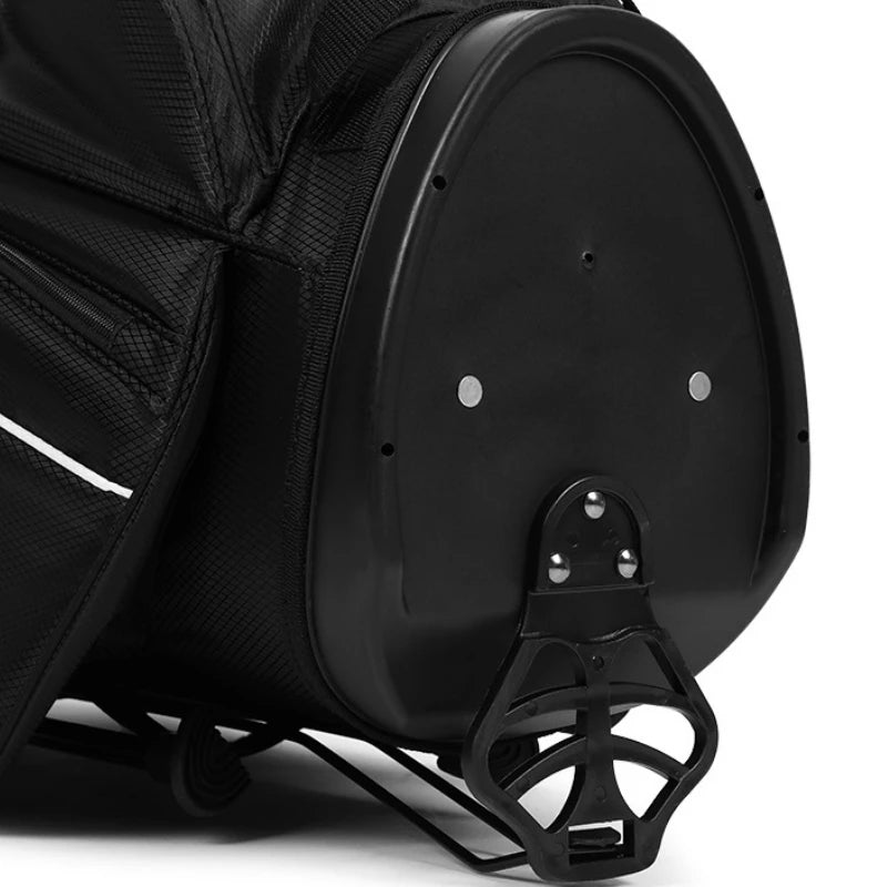 Sac de golf trépied léger 14 compartiments – détail de la base du sac et de l'articulation des pieds du trépied