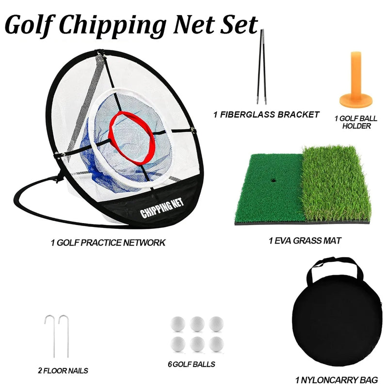 Filet de chipping golf rond – contenu de l'ensemble avec tapis, balles, piquets et sac