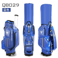Sac de golf tour en cuir PU à roulettes – sac bleu de face, de dos et de côté