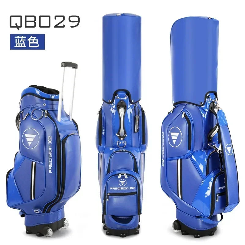 Sac de golf tour en cuir PU à roulettes – sac bleu de face, de dos et de côté