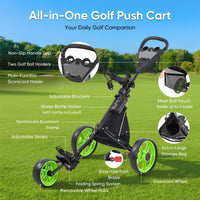 Chariot de golf manuel 3 roues – détail de la poignée, du porte-carte, du filet à balles et des rangements