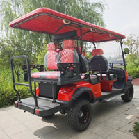 Voiturette de golf électrique tout-terrain – vue de trois quarts arrière avec banquette arrière et plateforme