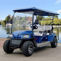 Voiturette de golf électrique de 2 à 10 places – version 6 places bleue vue de trois quarts avant