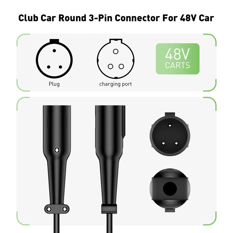 Chargeur de batterie au plomb 48 V – schéma du connecteur rond à trois broches et du port de charge
