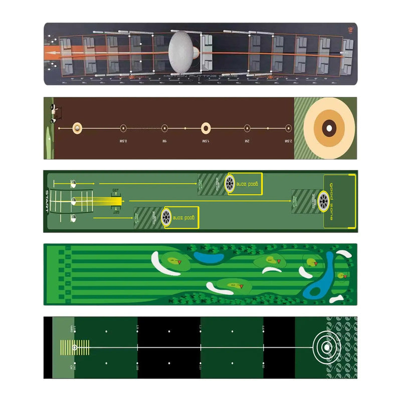 Tapis de putting golf 240 x 28,5 cm – les cinq motifs côte à côte