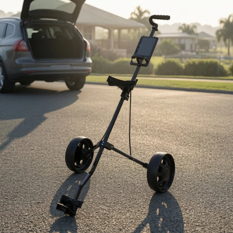 Chariot de golf manuel pliable à 2 roues – chariot déplié près du coffre d'une voiture