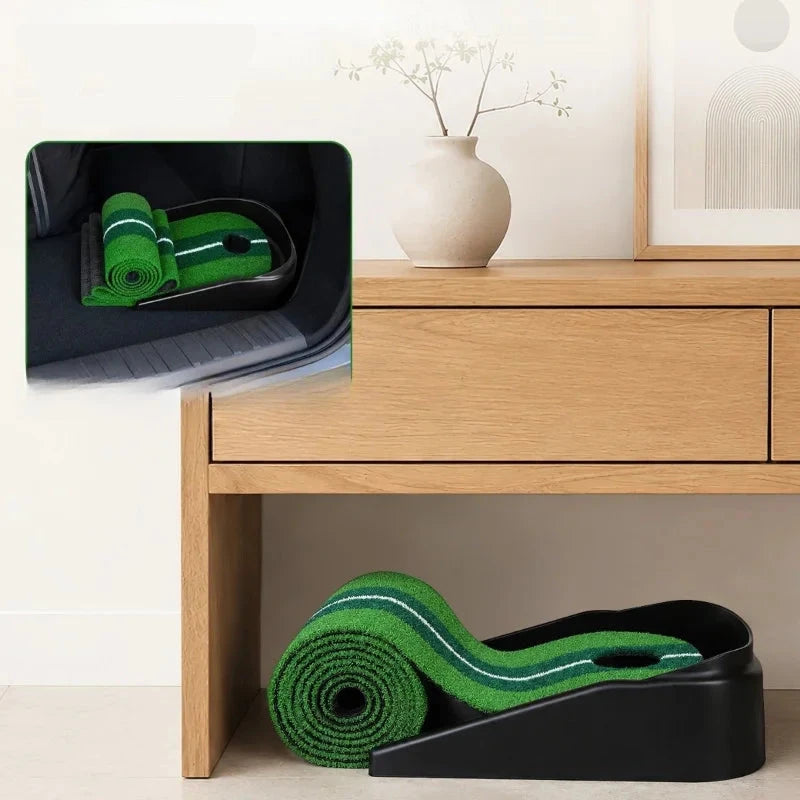Tapis de putting bicolore – tapis roulé pour le rangement, dans un coffre de voiture et sous un meuble