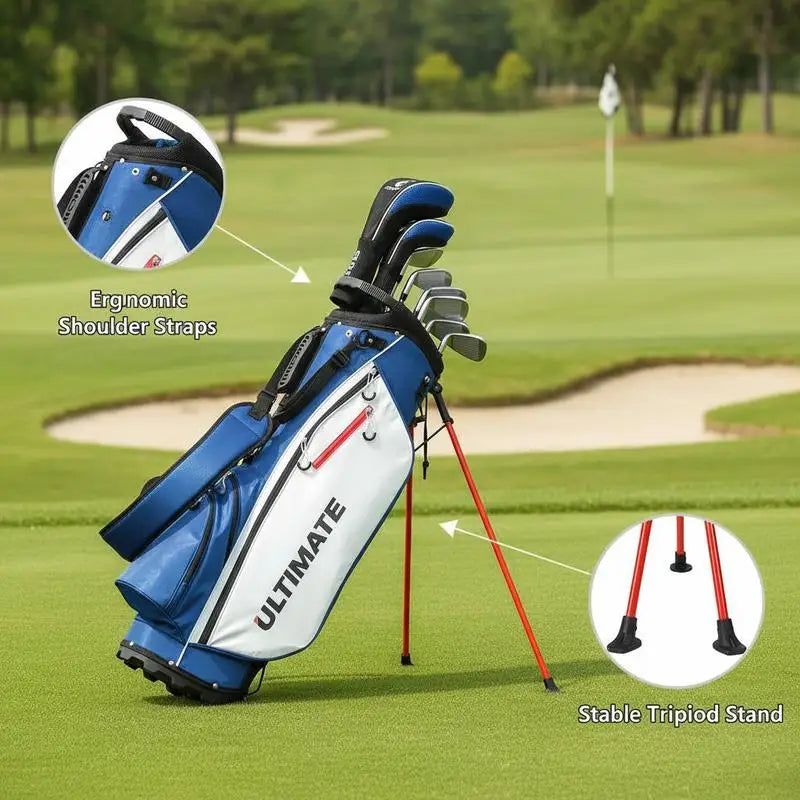 Kit de golf complet homme 9 clubs – sac trépied bleu et blanc, bretelles réglables et pieds stables