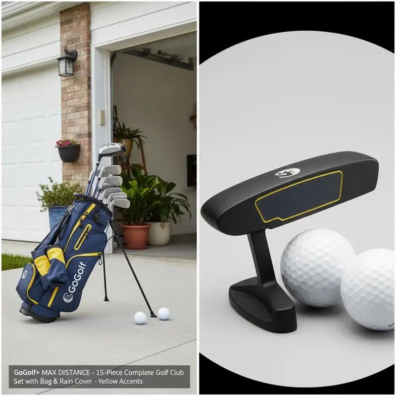 Set de golf complet droitier – sac dans un garage et détail de la tête du putter