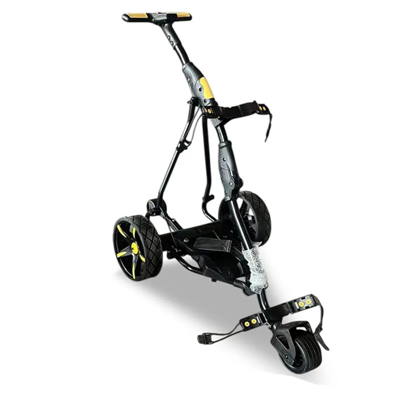 Chariot de golf électrique avec siège d'appoint – vue de trois quarts sur fond blanc