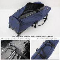 Housse de voyage golf à roulettes – housse ouverte avec boucle de fixation interne et sangles de serrage extérieures