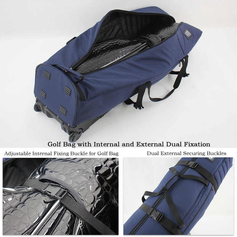 Housse de voyage golf à roulettes – housse ouverte avec boucle de fixation interne et sangles de serrage extérieures