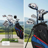 Set de golf complet 11 clubs – clubs rangés dans le sac trépied, vue de près