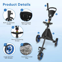 Chariot de golf pliable 3 roues – détails du porte-parapluie, du plateau, des sangles, des roues et du sac isotherme