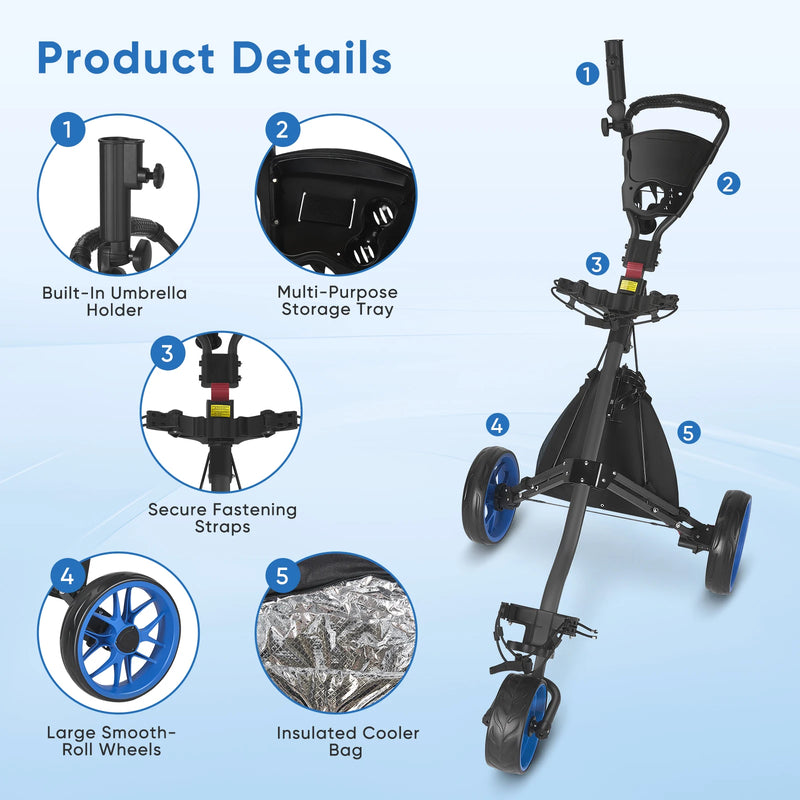 Chariot de golf pliable 3 roues – détails du porte-parapluie, du plateau, des sangles, des roues et du sac isotherme