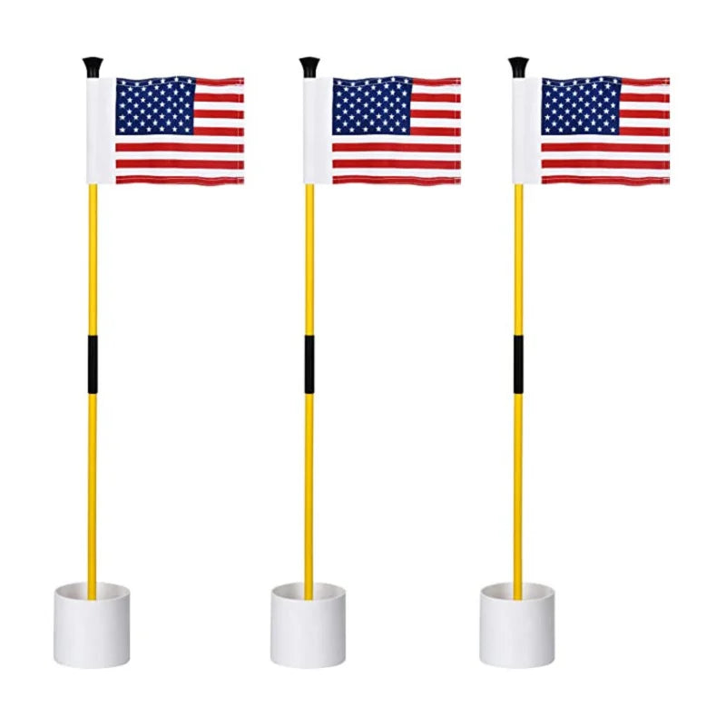 Drapeau putting green avec trou amovible – lot de 3 drapeaux américains sur mâts jaunes