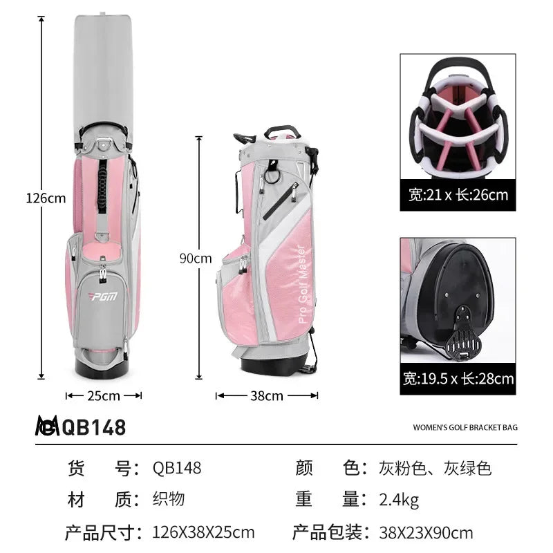 Sac de golf trépied femme – schéma des dimensions : 126 cm avec capot, 90 cm sans capot, 38 cm de large