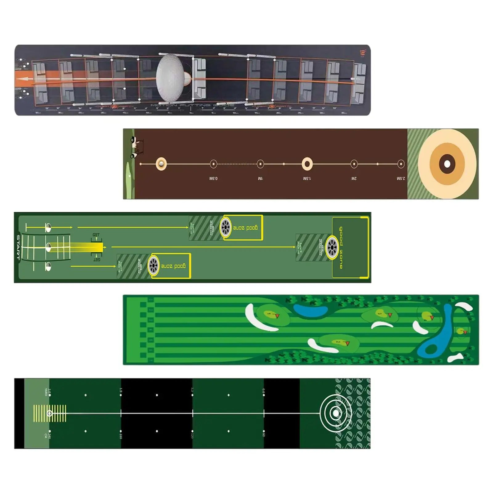 Tapis de putting golf pliable de 240 x 28,5 cm en polyester, 5 motifs