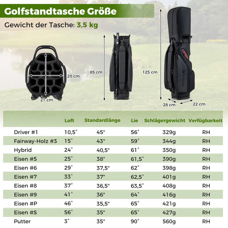 Set de golf complet homme droitier – tableau des lofts, longueurs et poids des clubs, poids du sac de 3,5 kg