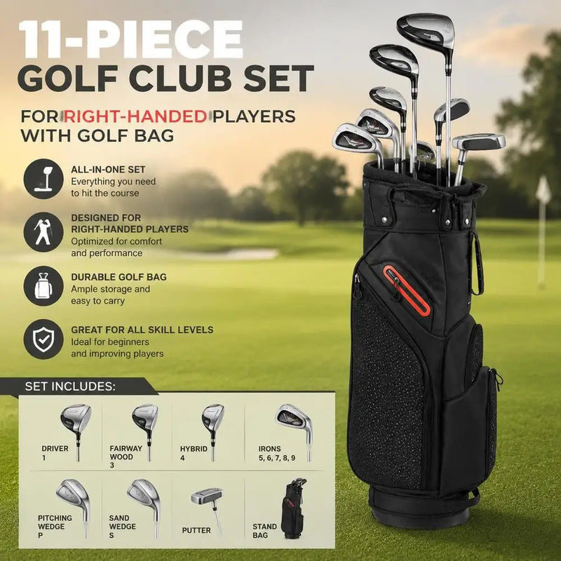 Set de golf complet homme droitier – vue d'ensemble des clubs et du sac trépied