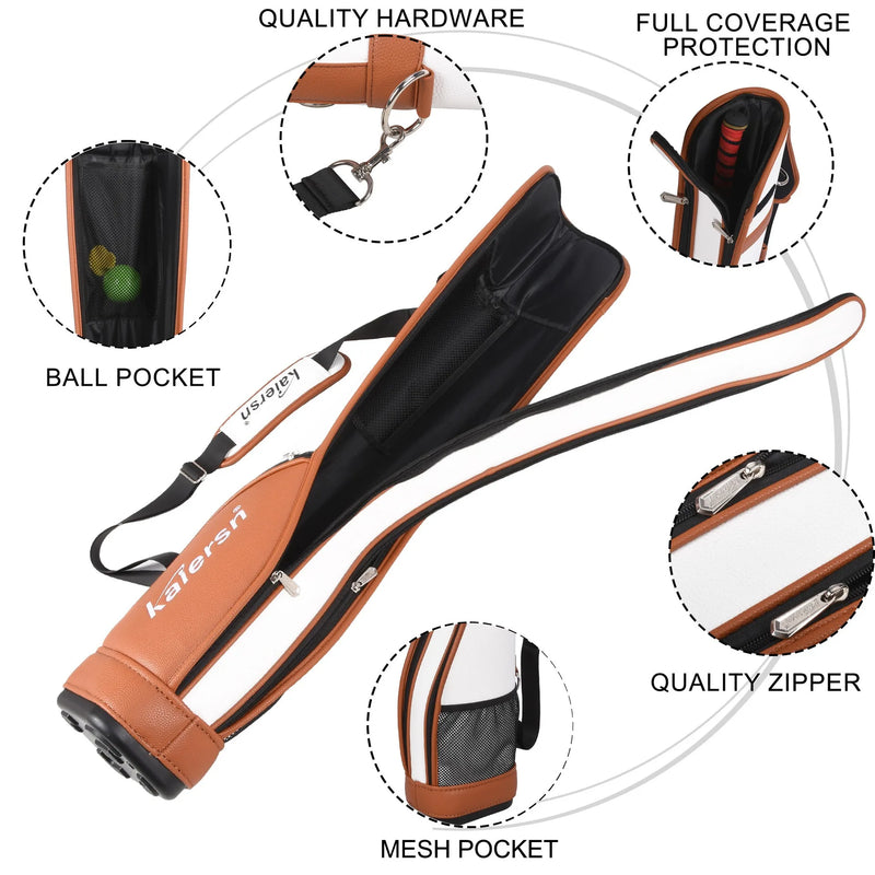 Sac de golf pencil en cuir PU – détails de la quincaillerie, de la poche à balles, de la fermeture et de la poche en filet