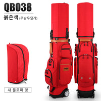 Sac de golf de voyage à roulettes – coloris rouge, vue de face et de dos avec capot