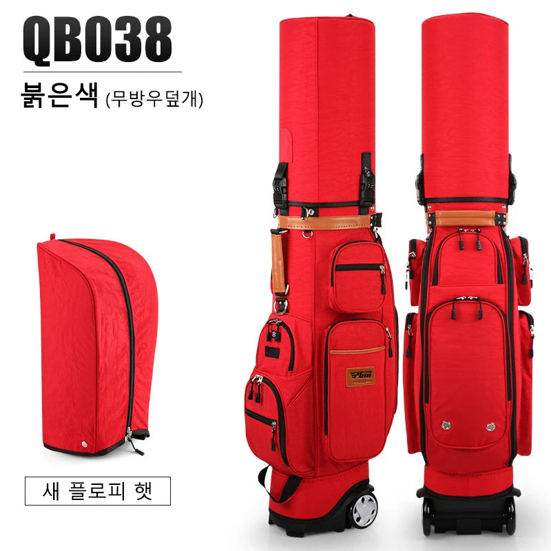 Sac de golf de voyage à roulettes – coloris rouge, vue de face et de dos avec capot